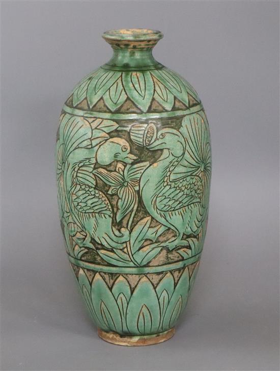 A Chinese Cizhou type green glazed mandarin duck vase height 31cm